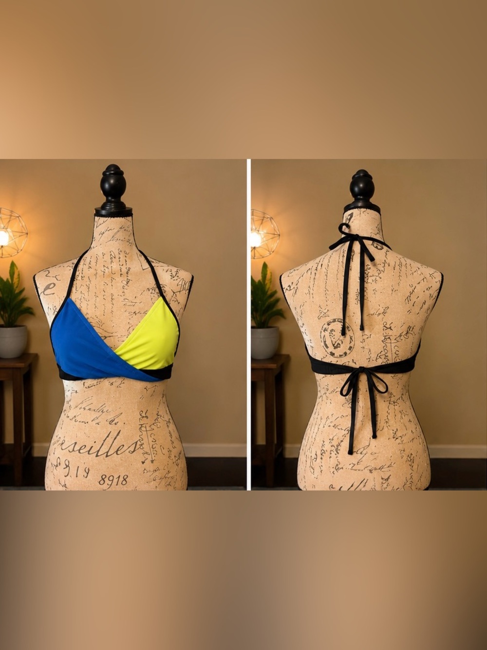 Victoria’s Secret Colorblock Wrap Bikini Top Blue Neon Yellow Black L